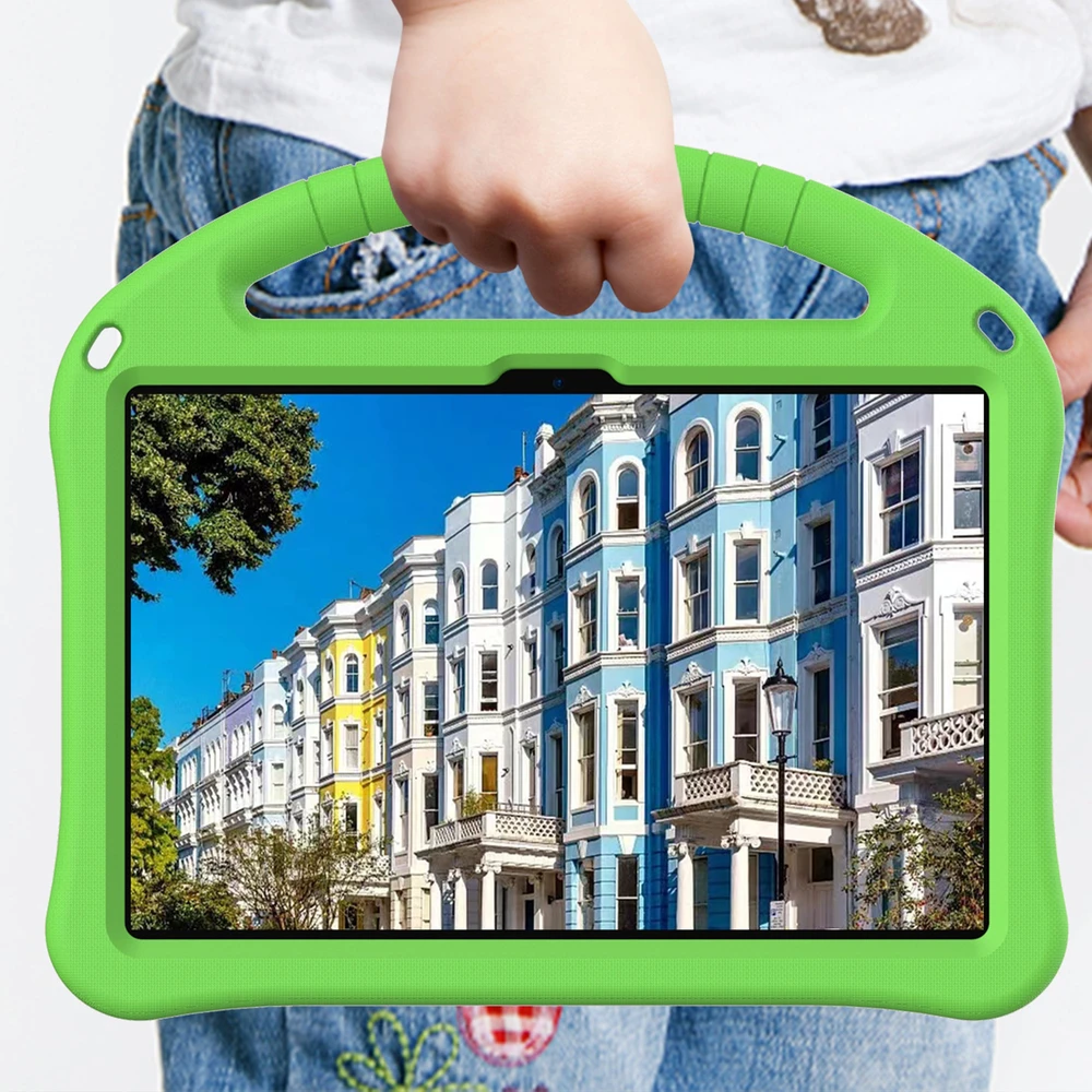 Planšetinio kompiuterio dėklas 4kom.pl FunColor skirtas Lenovo Tab 10.1 2025, žalias – apsauginis su stovu, prieiga prie prievadų ir mygtukų