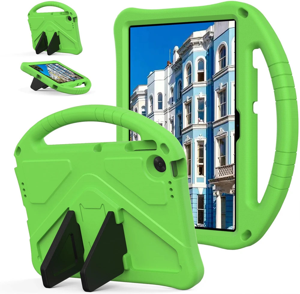 Planšetinio kompiuterio dėklas 4kom.pl FunColor skirtas Lenovo Tab 10.1 2025, žalias – apsauginis su stovu, prieiga prie prievadų ir mygtukų