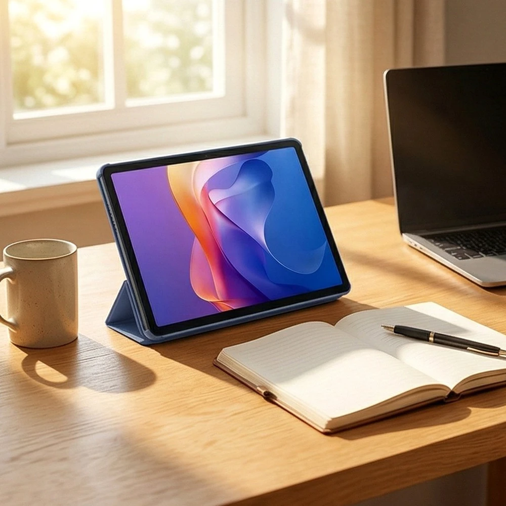 Planšetinio kompiuterio dėklas 4kom.pl Smart, skirtas Xiaomi Redmi Pad 2 11 2025, su dangteliu, tamsiai mėlynas – apsauginis su stovu