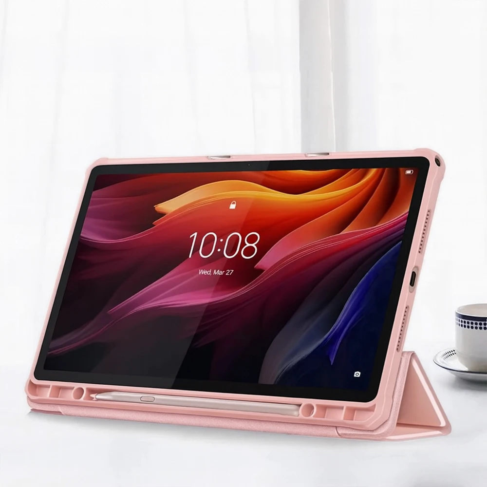 Planšetinio kompiuterio dėklas 4kom.pl su permatomu dangteliu, skirtas Lenovo Tab K11 Plus 11.45 / Lenovo K11 Plus, rožinis – apsauginis su stovu