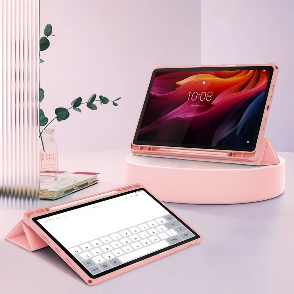 Planšetinio kompiuterio dėklas 4kom.pl su permatomu dangteliu, skirtas Lenovo Tab K11 Plus 11.45 / Lenovo K11 Plus, rožinis – apsauginis su stovu