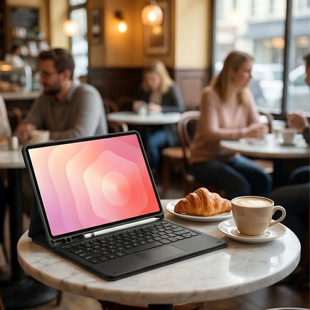 4kom.pl Su klaviatūra, skirta Samsung Galaxy Tab A11+ - apsauginis su stovu, prieiga prie prievadų ir mygtukų