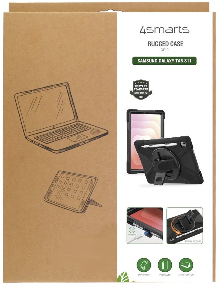 Armored Dėklas with handle 4smarts Rugged Dėklas Grip for Samsung Galaxy Tab S11 juodos spalvos