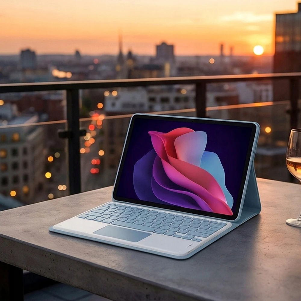 Planšetinio kompiuterio dėklas Strado-Tech su Bluetooth klaviatūra ir touchpad jutikliu, skirtas Redmi Pad 2 11 2025 – apsauginis su stovu, prieiga prie prievadų ir mygtukų