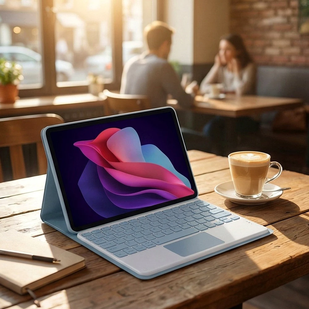 Planšetinio kompiuterio dėklas Strado-Tech su Bluetooth klaviatūra ir touchpad jutikliu, skirtas Redmi Pad 2 11 2025 – apsauginis su stovu, prieiga prie prievadų ir mygtukų