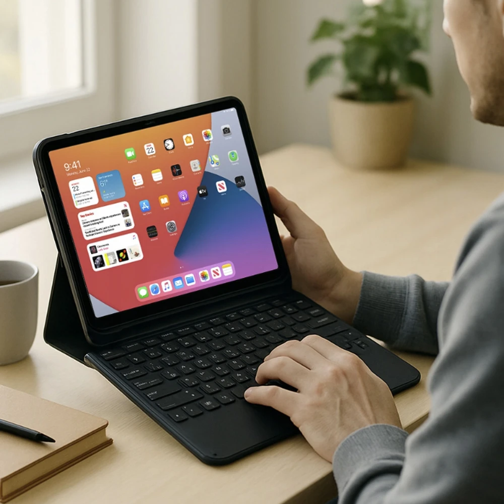 Planšetinio kompiuterio dėklas Strado-Tech su klaviatūra Lenovo Tab Plus 11.5 - apsauginis su stovu, prieiga prie prievadų ir mygtukų