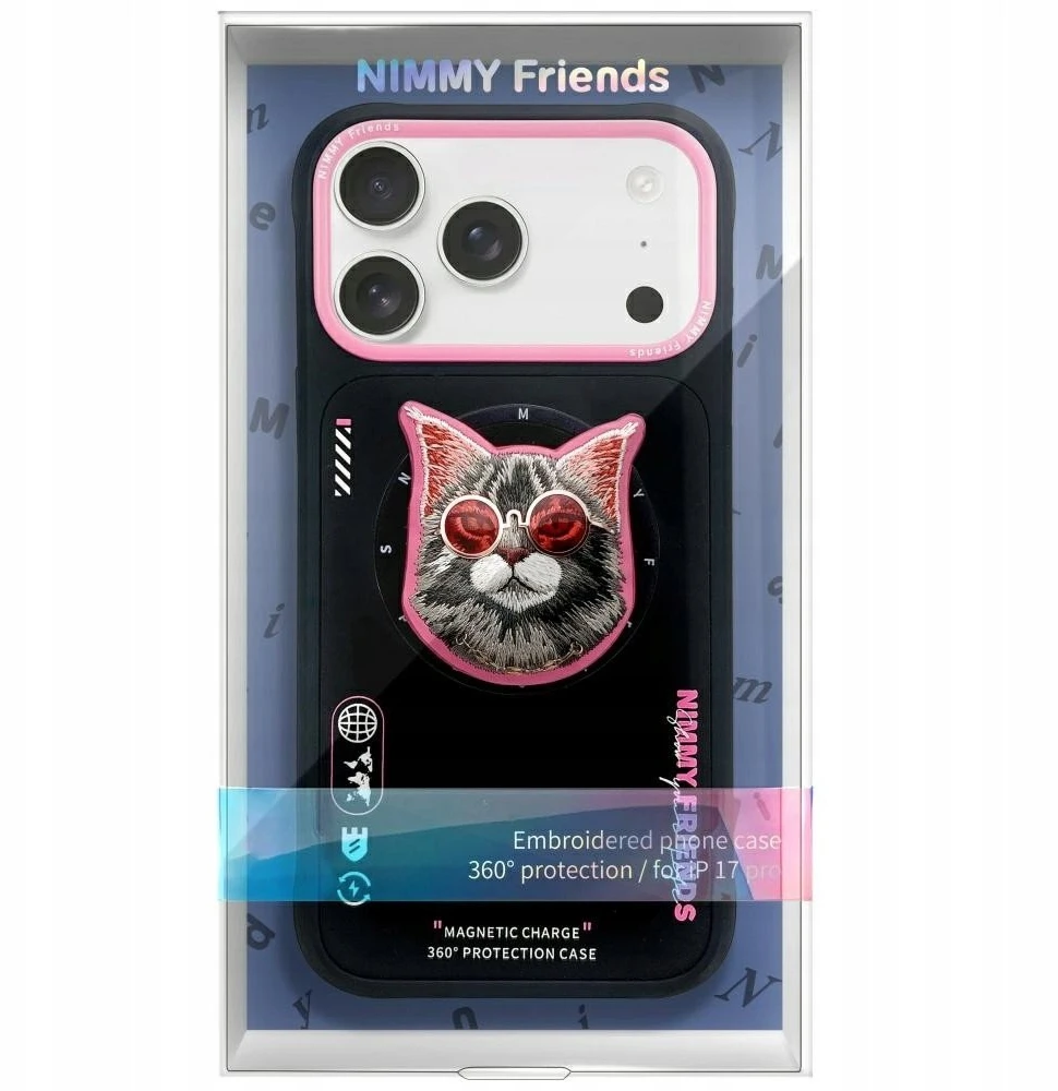 NIMMY dėklas GLASSES COOL CAT, suderinamas su „MagSafe“, skirtas IPHONE 17 Pro, juodas, rožinis