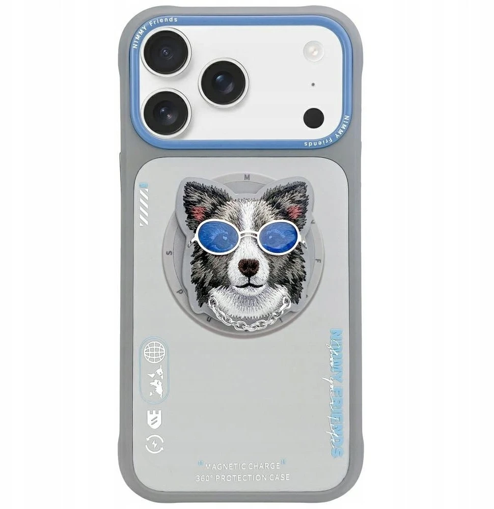NIMMY dėklas GLASSES COOL DOG, suderinamas su „MagSafe“, skirtas IPHONE 17, pilkas
