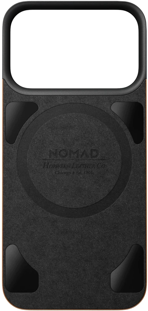 Dėklas Nomad magnetinė odinė nugarėlė, balno spalvos (Horween), MagSafe - iPhone 18 Pro/17 Pro
