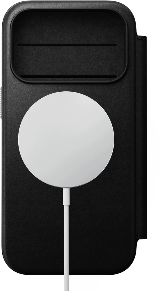 NOMAD odinis dėklas IPHONE 18 Pro/17 Pro, suderinamas su MagSafe (Modern Leather Folio ECCO Leather) juodas