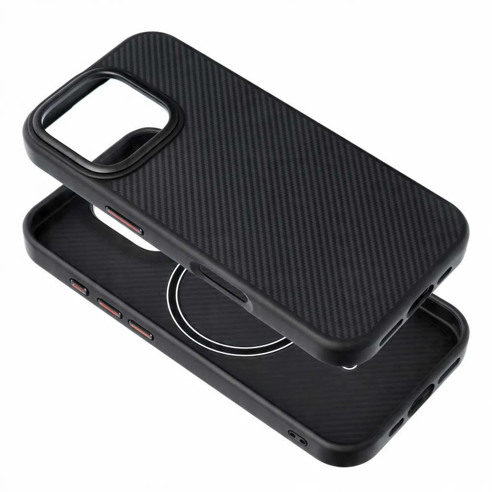 „Oem iPhone 15 PRO Carbon Elite Mag Cover“ dėklas, suderinamas su „MagSafe“ (juodas)