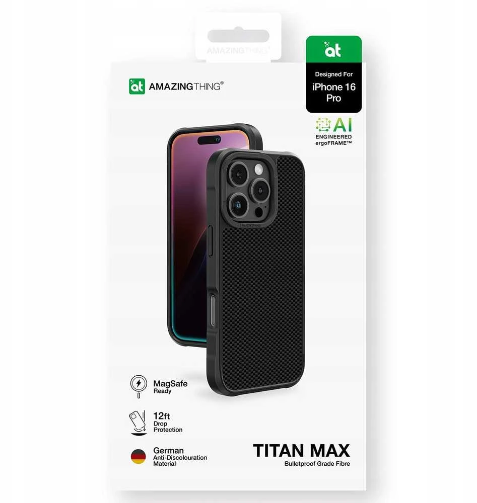 „AmazingThing Titan Max“ dėklas su 600D aramidiniu pluoštu, skirtas „iPhone 16 Pro“ – Juodas
