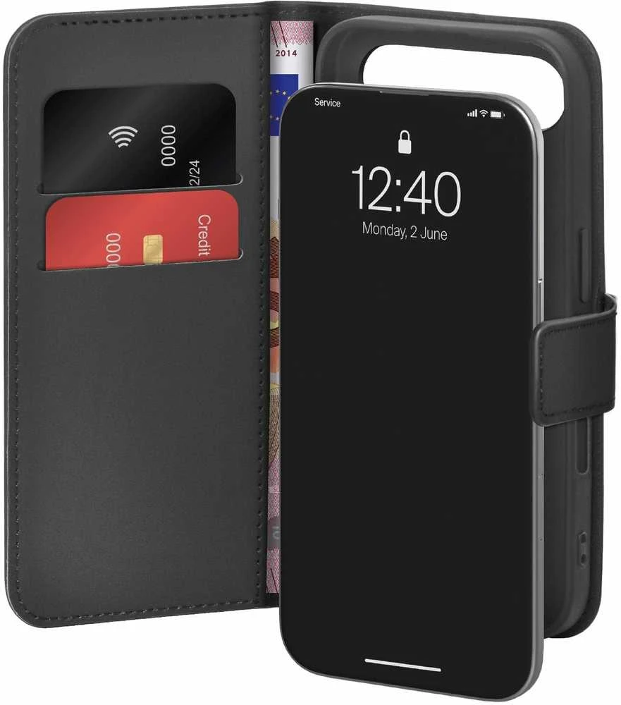 Puro Wallet Stand dėklas skirtas Apple iPhone 17 Air made of eco-leather, with a flap, wallet and stand function - juodos spalvos