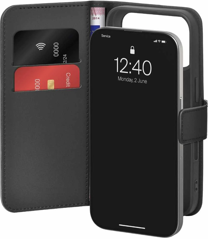 Puro Wallet Stand dėklas skirtas Apple iPhone 17 Pro Made of Eco-Leather, with a Flap, Wallet, and Stand Function - juodos spalvos