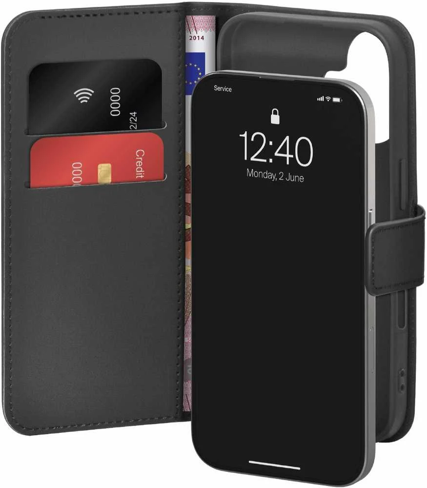 Puro Wallet Stand dėklas skirtas Apple iPhone 17 made of eco-leather, with a flap, wallet and stand function - juodos spalvos