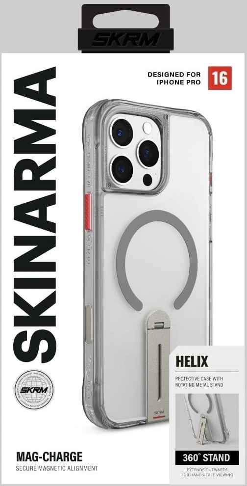 Dėklas Skinarma Helix Apple iPhone 16 Pro magnetinis įkrovimo stovas, 360° besisukantis, titano spalvos