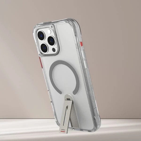 Dėklas Skinarma Helix Apple iPhone 16 Pro Max magnetinis įkrovimo stovas, 360° besisukantis, titano spalvos