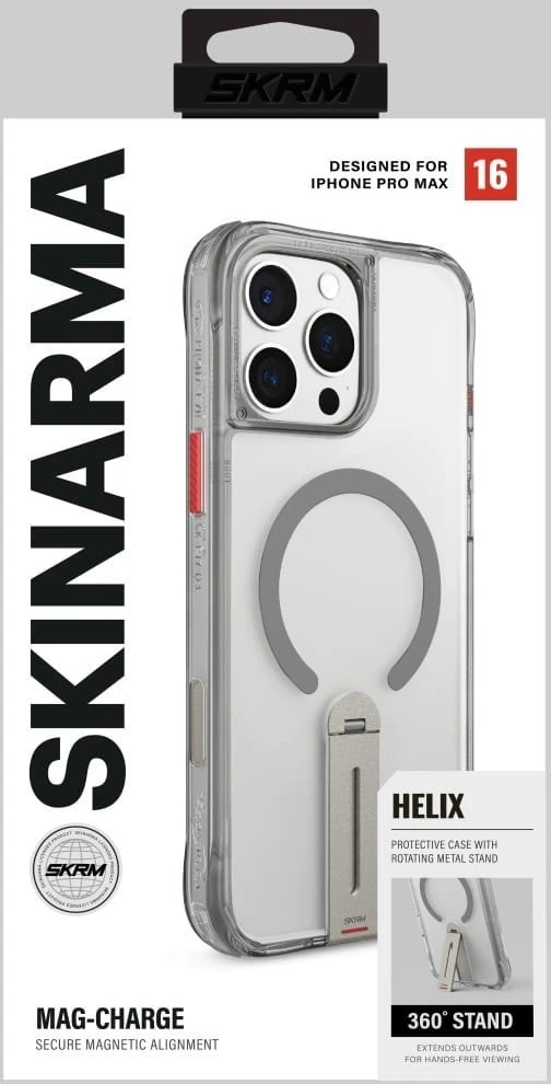 Dėklas Skinarma Helix Apple iPhone 16 Pro Max magnetinis įkrovimo stovas, 360° besisukantis, titano spalvos