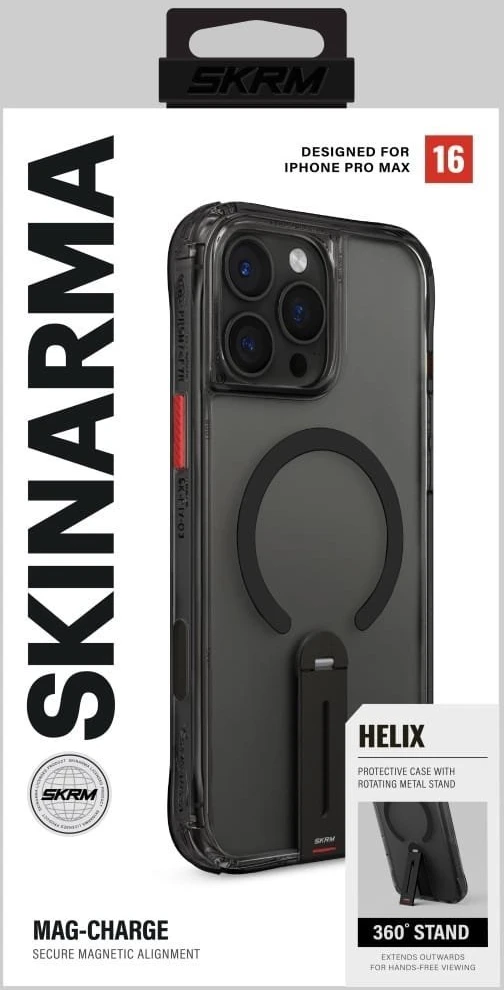 Dėklas „Skinarma Helix“ iPhone 16 Pro Max su magnetiniu įkrovimu ir 360° besisukančiu stoveliu, juodos spalvos