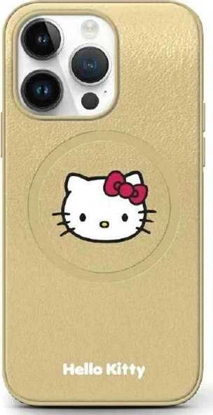Hello Kitty HKHMP15SPGHCKD Apple iPhone 15 /14 / 13 6.1″ auksinis kietas dėklas Leather Kitty Head MagSafe