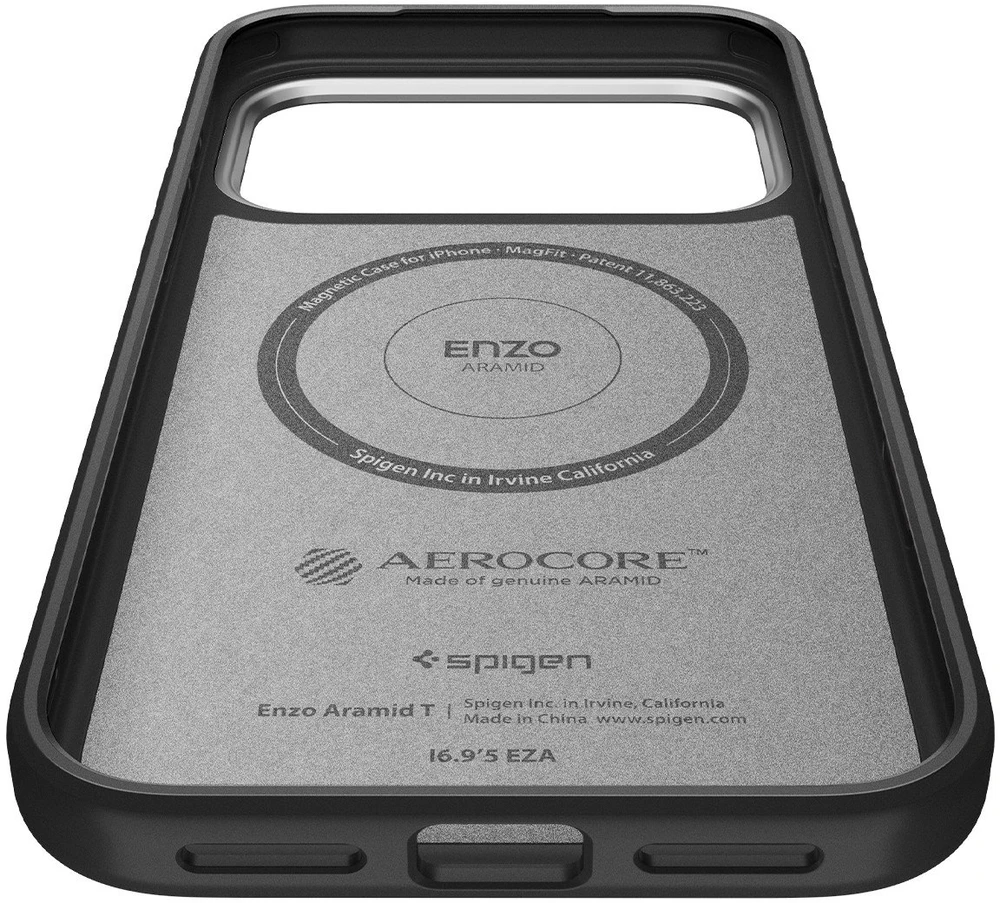 Spigen Enzo Aramid "T" MagSafe dėklas skirtas Apple iPhone 17 Pro – juodos spalvos ir sidabrinės spalvos