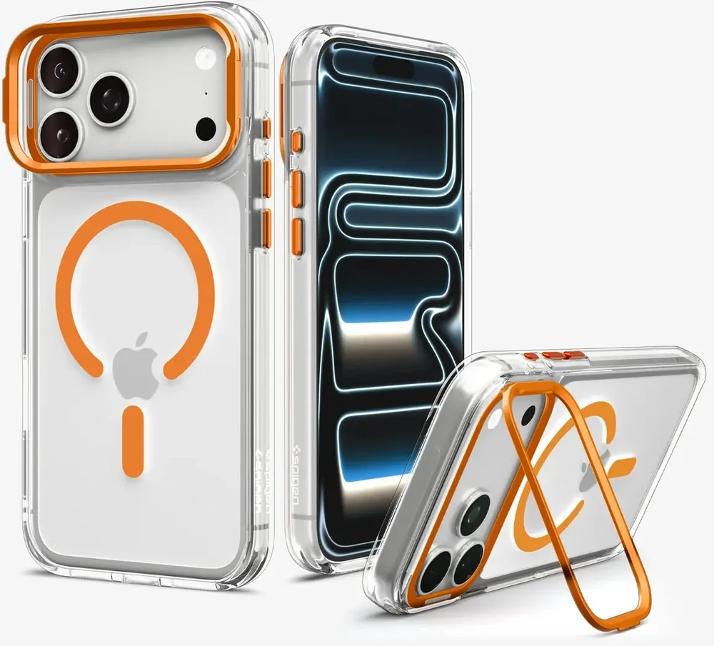 Dėklas Spigen Ultra Hybrid OPTIK S MagSafe iPhone 17 Pro Max / 18 Pro Max SKAIDRUS/ORANŽINIS