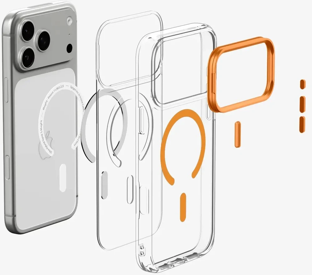 Dėklas Spigen Ultra Hybrid OPTIK S MagSafe iPhone 17 Pro Max / 18 Pro Max SKAIDRUS/ORANŽINIS