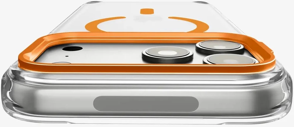 Dėklas Spigen Ultra Hybrid OPTIK S MagSafe iPhone 17 Pro Max / 18 Pro Max SKAIDRUS/ORANŽINIS