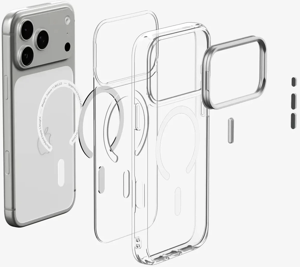 Dėklas Spigen Ultra Hybrid OPTIK S MagSafe iPhone 17 Pro Max / 18 Pro Max SKAIDRUS/SIDABRINIS