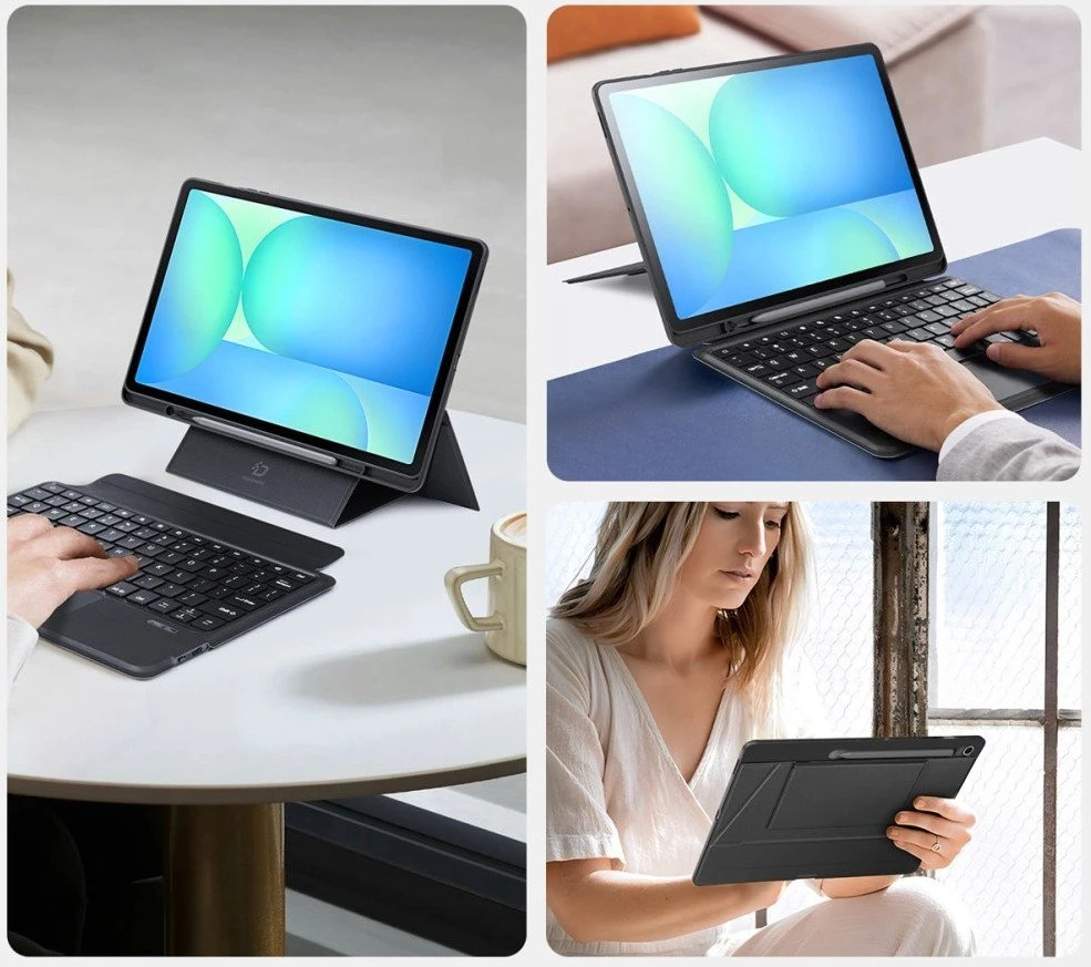 Dėklas su klaviatūra Dux Ducis (DK series) skirtas Samsung Tab S10 FE+ (Plus) su pašvietimu – juodos spalvos
