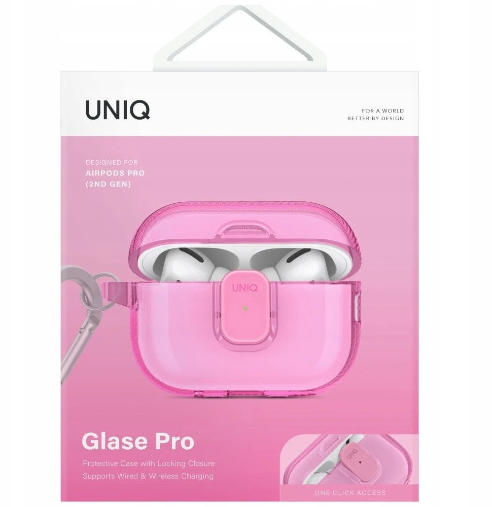 Dėklas UNIQ Glase Pro skirtas AirPods Pro 2 Lock Dėklas rožinės spalvos