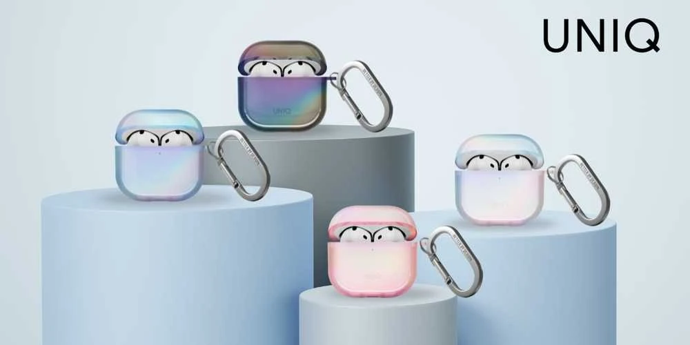 „Uniq Iridescia AirPods 4“ pakabinamas dėklas – holografinis, daugiaspalvis