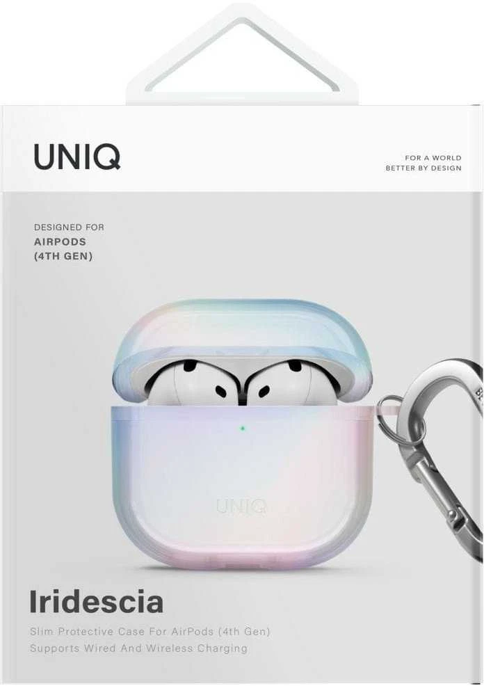 „Uniq Iridescia“ dėklas, skirtas „AirPods 4“ ausinėms, pakabinamas dėklas – holografinis baltas