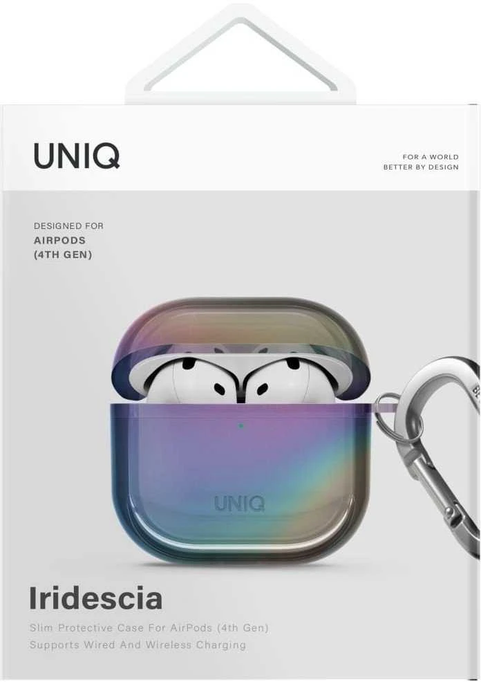 „Uniq Iridescia AirPods 4“ pakabinamas dėklas – holografinis, daugiaspalvis