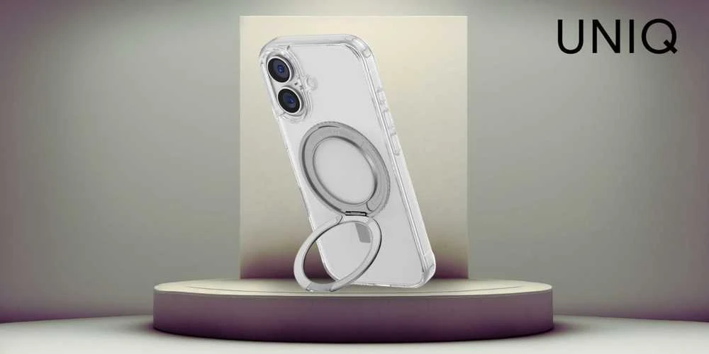 Uniq Swivix 360 besisukantis stovo dėklas, skirtas iPhone 16 – skaidrus