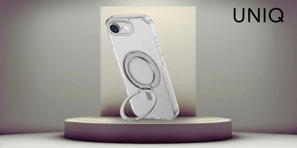 „Uniq Swivix 360“ besisukantis dėklas su atrama, skirtas „iPhone 16e“ – permatomas