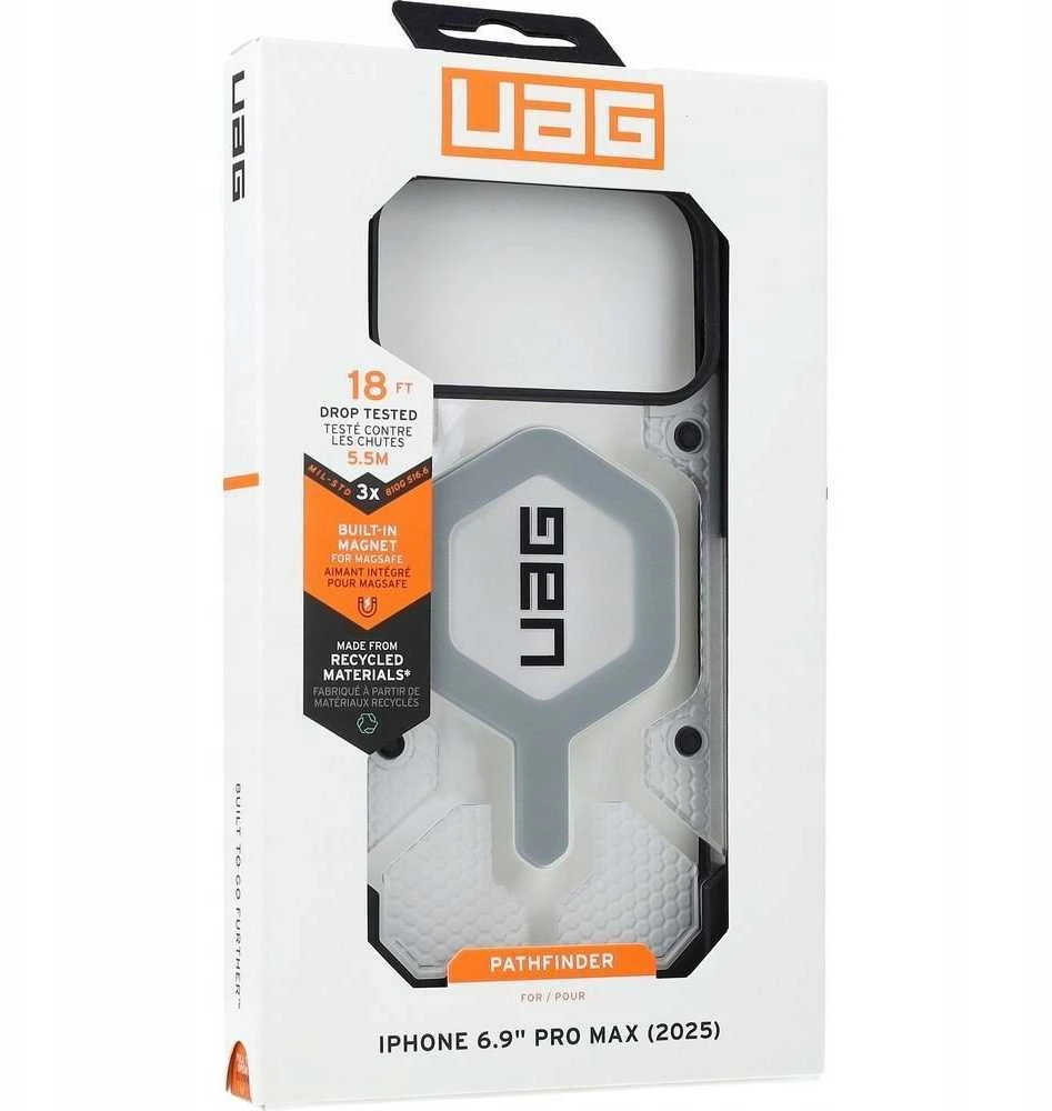 Dėklas „Urban Armor Gear“ „UAG Pathfinder Clear Magsafe“, „Ice“ / „Sidabrinis“ – „iPhone 17 Pro Max“