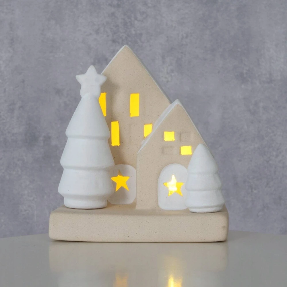 Boltze kalėdinė dekoracija. Akmens masės namo dekoracija su LED apšvietimu, 10,5 cm.