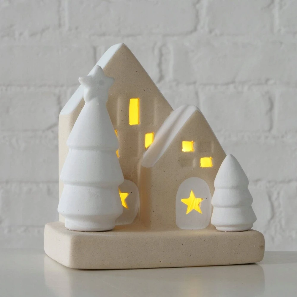 Boltze kalėdinė dekoracija. Akmens masės namo dekoracija su LED apšvietimu, 10,5 cm.
