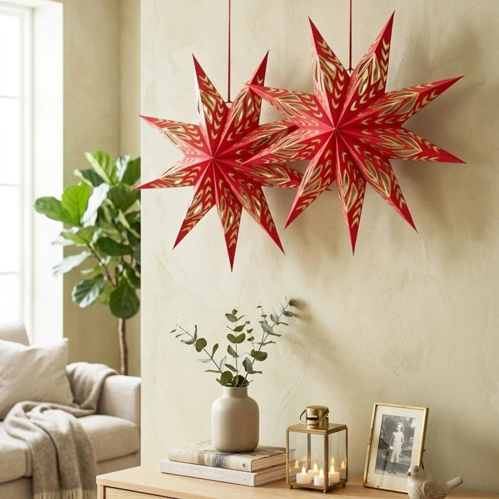 Kalėdinė dekoracija Edelman Dekoratyvinė kylanti žvaigždė popierinė FSC 18x60CM raudona 9 spindulių MICA