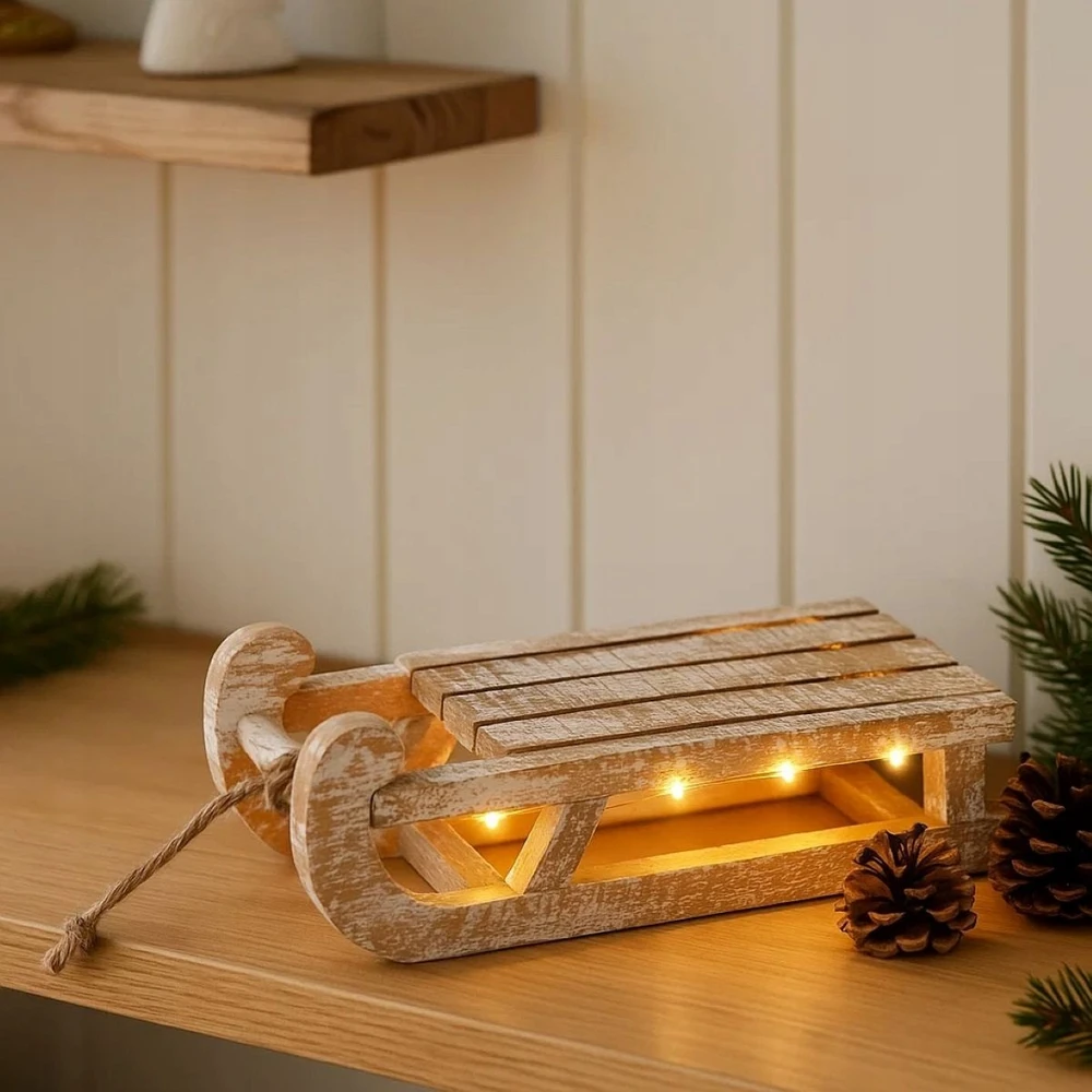 Home Styling Collection Medinė kalėdinė dekoracija su LED lemputėmis, rogės, 32 x 25 x 11 cm
