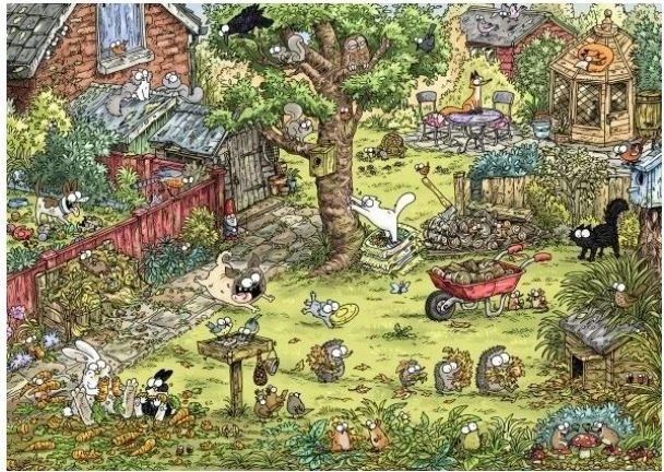 Dėlionė Heye Puzzle 1000 el. Koty Simona, Zabawy w ogrodzie (Puzzle+plakat) Heye
