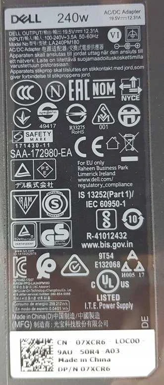 Nešiojamojo kompiuterio maitinimo adapteris Dell 240 W, 12.3 A, 19.5 V (AC Adapteris, 240W, Liteon,)