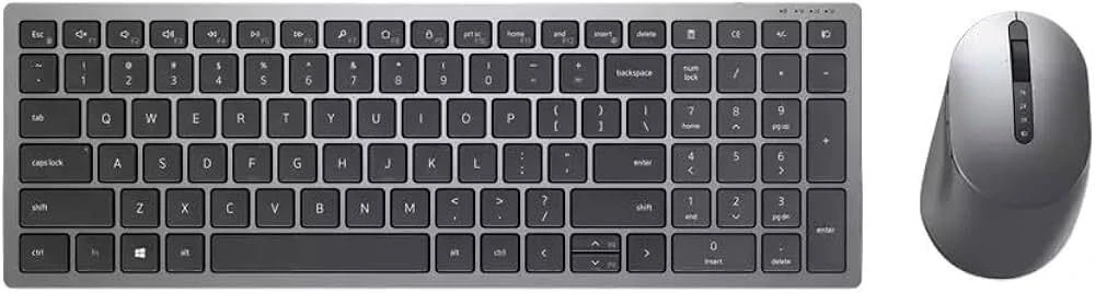 DELL Pro Plus kompaktiška klaviatūra ir pelė – KM7120W – Belgijos (AZERTY), viso dydžio (100 %), belaidė, radijo dažnių belaidis ryšys + „Bluetooth“, AZERTY, pilka, titano spalvos, pelė pridėta