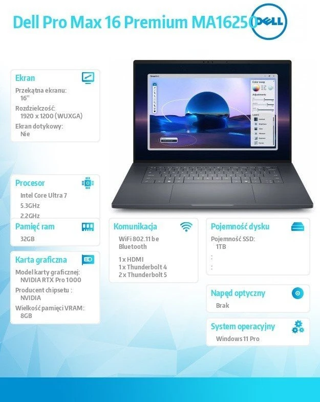 Nešiojamas kompiuteris „Dell Pro Max 16 Premium“ darbo stotis MA16250 W11P U7-265H 32GB 1TB RTX Pro 1000 Blackwell 8GB GDDR7 FGRPR kamera ir mikrofonas WLAN+BT 16.0 FHD+ 6C VPro/3YPS