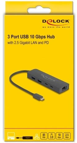 Karta jungiama į tinklą Delock DELOCK 10 Gbps USB Hub mit 2,5 Gigabit LAN Port und PD 85 W