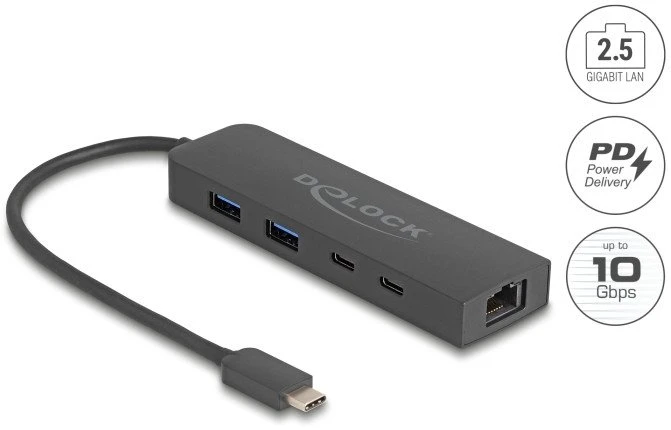 Karta jungiama į tinklą Delock DELOCK 10 Gbps USB Hub mit 2,5 Gigabit LAN Port und PD 85 W