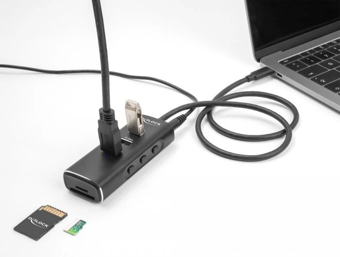 Delock 3 prievadų USB 10 Gbps šakotuvas su SD ir Micro SD kortelių skaitytuvu, USB Type-C jungtimi, 60 cm kabeliu ir vieno prievado perjungikliu (64234)