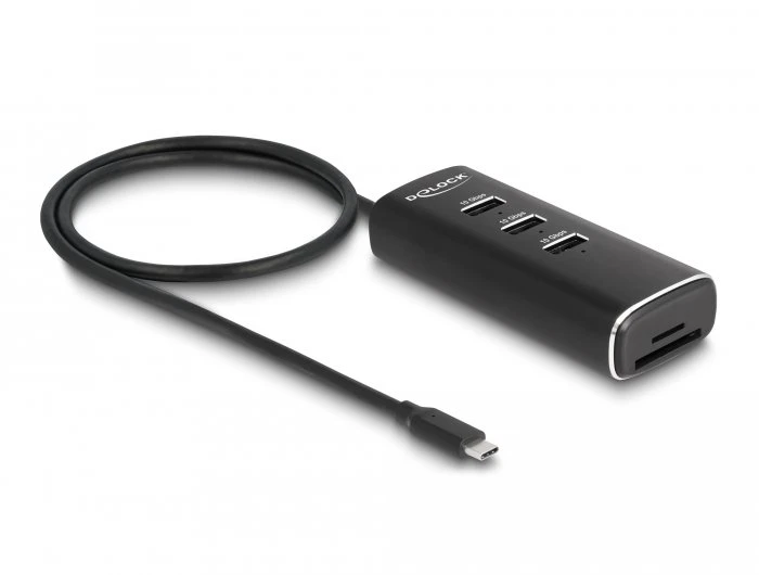 Delock 3 prievadų USB 10 Gbps šakotuvas su SD ir Micro SD kortelių skaitytuvu, USB Type-C jungtimi, 60 cm kabeliu ir vieno prievado perjungikliu (64234)
