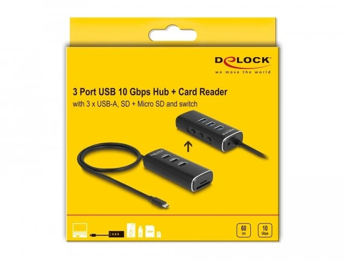 Delock 3 prievadų USB 10 Gbps šakotuvas su SD ir Micro SD kortelių skaitytuvu, USB Type-C jungtimi, 60 cm kabeliu ir vieno prievado perjungikliu (64234)
